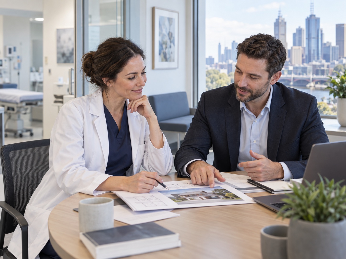Medical professional discussing a home-loan plan with an adviser in Melbourne