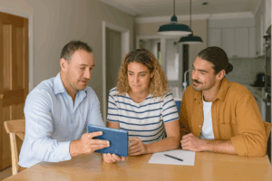 Mortgage broker explaining home loan options to Australian first home buyers at kitchen table | Find A Better Rate
