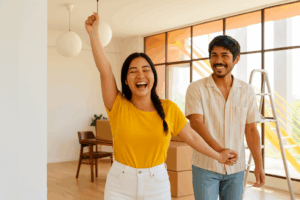 Australian Vietnamese couple celebrating moving into their first home after securing a home loan with Find A Better Rate mortgage brokers