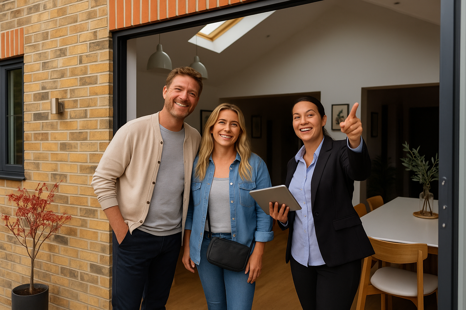 Home loan consultation with a mortgage broker and couple outside a Melbourne Home