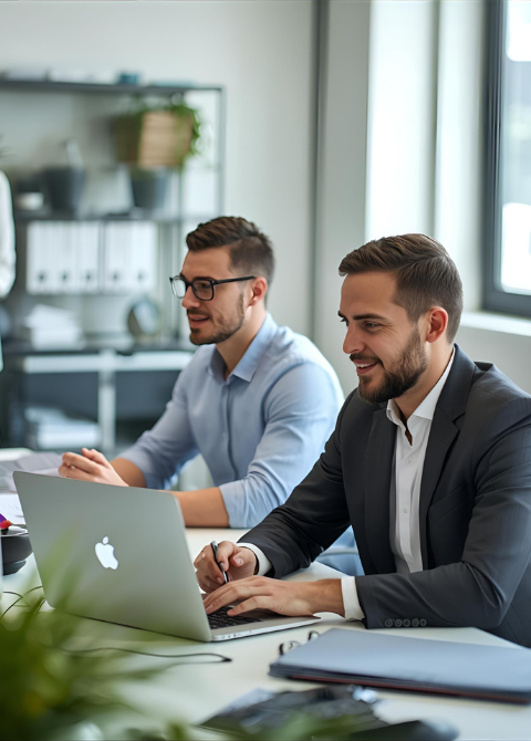 two mortgage brokers sitting in their melbourne office working on a home loan applciation