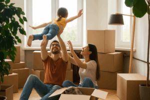 Happy young family unpacking boxes in their new home, celebrating the moment of becoming first home buyers in Australia.