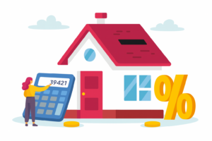 Illustration of a borrower using a large home loan calculator next to a house and percentage symbol, representing first-time home buyer mortgage costs and interest rate calculations.