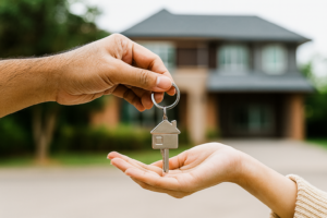 Close-up of hands exchanging house keys in front of a home, symbolising buying a property or receiving keys to a new home in Australia.