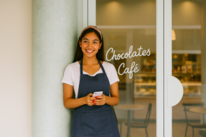 Young Malaysian café owner smiling outside her shop while holding a phone, representing self-employed borrowers applying for a home loan.