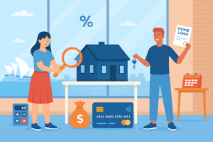 Illustration of an Australian couple using a home loan repayment calculator with extra repayments and offset account to reduce mortgage interest
