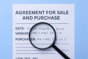 Magnifying glass over an agreement for sale document explaining what conveyancing is and the role of a conveyancer in Australia