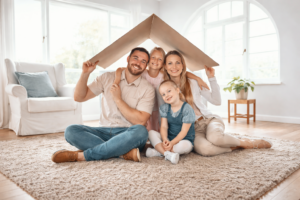 Family sitting under a cardboard roof symbolising how to pay off mortgage faster using smart home loan repayment strategies