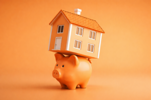 Orange piggy bank holding a house symbolising saving money and reducing interest using a mortgage repayment calculator with extra repayments and offset account