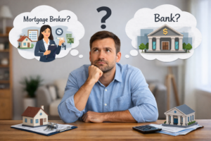 Person deciding whether to use a mortgage broker or a bank for a home loan
