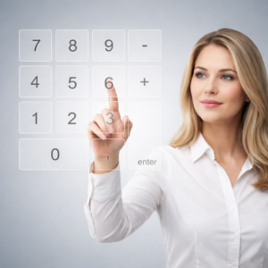 Woman using a first-home buyer calculator interface to estimate how much she can borrow for a home loan based on income and expenses