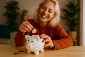 A smiling woman placing a coin into a piggy bank, representing genuine savings and building a deposit for a home loan.