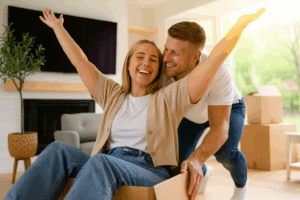 A smiling young couple celebrating while unpacking moving boxes in their new home, representing first-home buyers achieving home ownership.