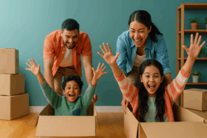 Happy Family Moving Into New Home – First Home Buyers Celebrating Move - Find A Better Rate Home Loans A joyful family of four playing with moving boxes in their new home, symbolising the excitement of first home buyers settling into their property.