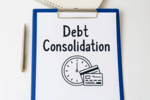 Clipboard showing the text Debt Consolidation with clock and credit card icons, representing debt consolidation loans combining multiple repayments into one lower-interest loan.