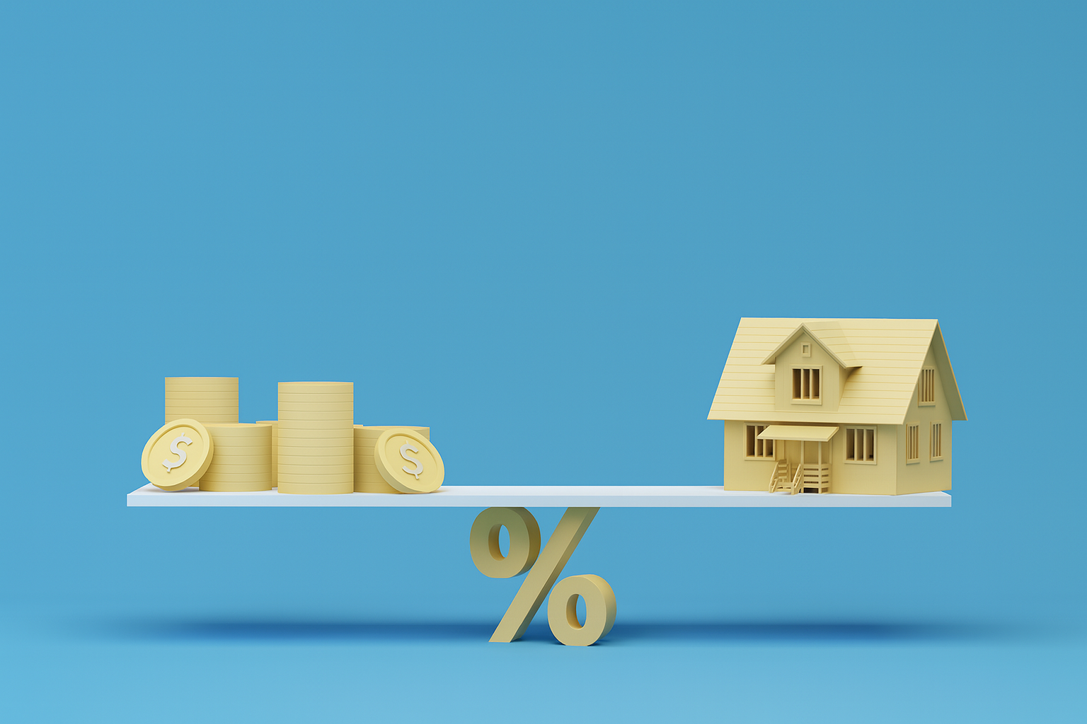 3D illustration showing coins and a house balanced on a percentage symbol, representing home loan refinance, refinance mortgage interest rates and equity in your home.