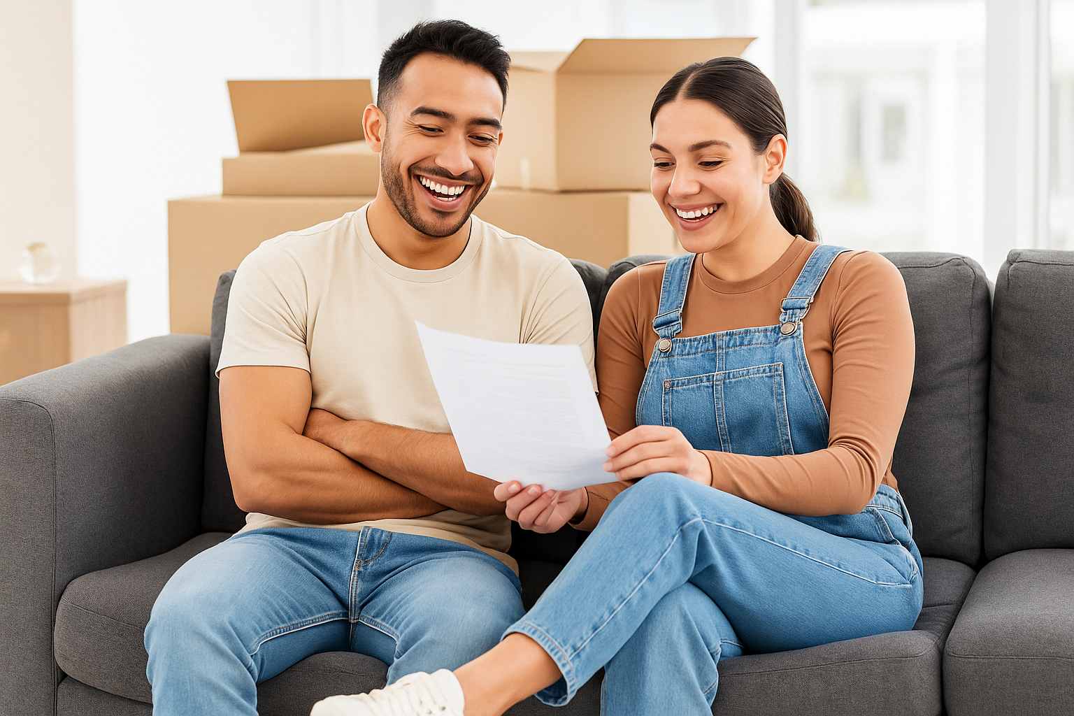 Smiling young couple sitting on a sofa reviewing their home loan approval paperwork, representing a positive mortgage experience for first home buyers.