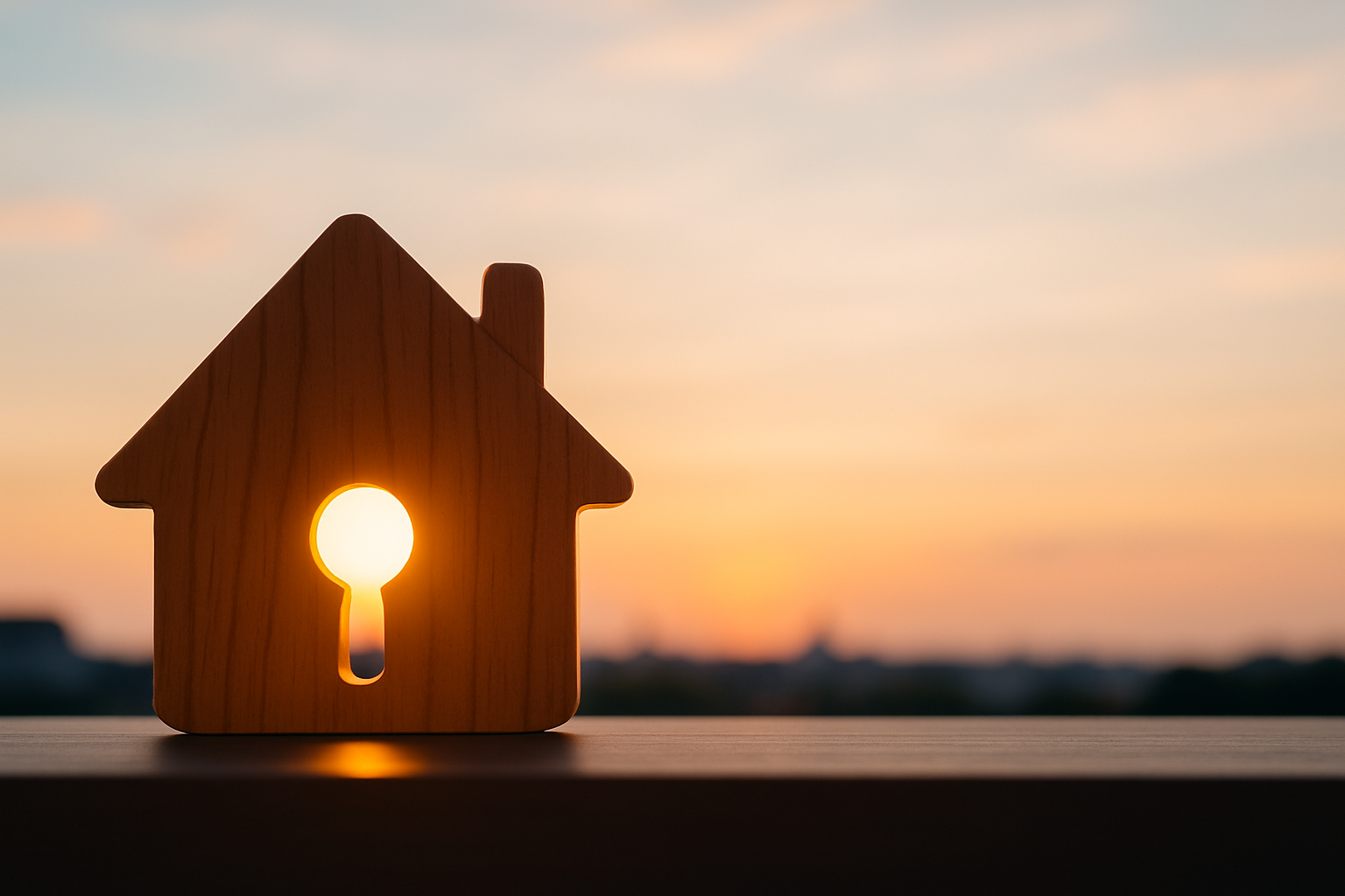 Wooden house silhouette placed on the left of the frame with sunlight shining through a keyhole, symbolising home ownership and successful home loan approval.