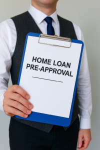 A professional mortgage broker holding a blue clipboard displaying a home loan pre-approval document, representing borrowing readiness and the mortgage application process.