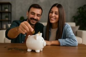 White piggy bank in clear focus with blurred couple adding coins, symbolising mortgage redraw savings and flexible access to extra home loan repayments