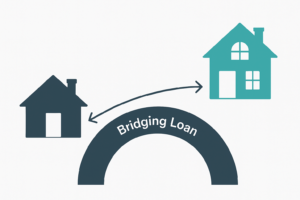 Illustration showing a bridging loan connecting an existing home to a new property, representing how bridging finance supports buying a new home before selling the current one.