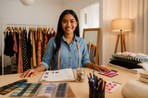 Young Malaysian female fashion designer smiling behind her work desk with fabric swatches, colour samples and garments displayed in her boutique studio.