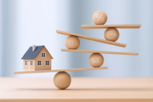 Wooden house balanced on spheres and planks beside financial icons, representing home loan comparison rate, interest costs, and mortgage rate evaluation.