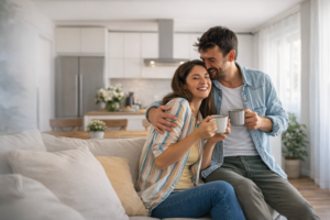 Young couple in their first home learning about first home buyer stamp duty savings in Australia
