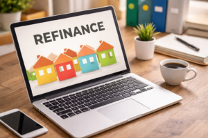 Refinance mortgage broker reviewing home loan refinance options on a laptop in a professional workspace