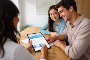 What is a home loan broker helping a couple review and compare home loan options during a personalised lending consultation