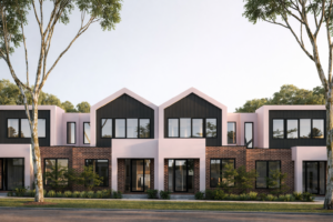 Modern Australian townhouse development commonly financed through a mortgage broker for investment property, featuring contemporary gabled facades, brick and cladding exteriors, and landscaped street frontage
