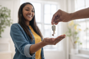 First Home Buyers Grant VIC – First-Time Buyer Receiving Home Keys | Find A Better Rate Home Loans First home buyers grant VIC helping a first-time buyer receive keys to a new home in Victoria