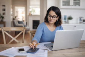 Woman using an extra repayment calculator to estimate home loan interest savings and reduced loan term