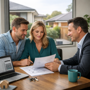 Borrowing Power Guide Mortgage Broker Meeting Clients Australia | Find A Better Rate Home Loans Australian mortgage broker explaining borrowing power and home loan borrowing capacity to couple reviewing property purchase plans.