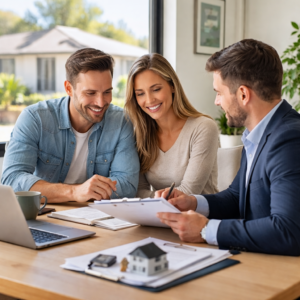 Australian couple meeting with a mortgage broker to review home loan refinancing options at a modern home office table.