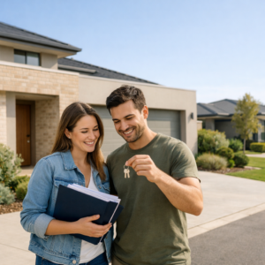 Young Australian couple standing outside a modern Melbourne home reviewing documents and holding house keys after buying their first property