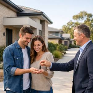 Young Australian couple receiving keys to their first home from a real estate agent