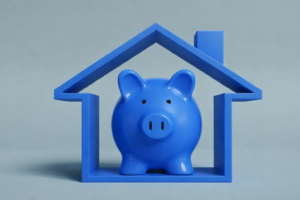 Low Deposit Home Loans Piggy Bank House Illustration | Find A Better Rate Home Loans Blue piggy bank inside house outline symbolising low deposit home loans and saving for a property purchase
